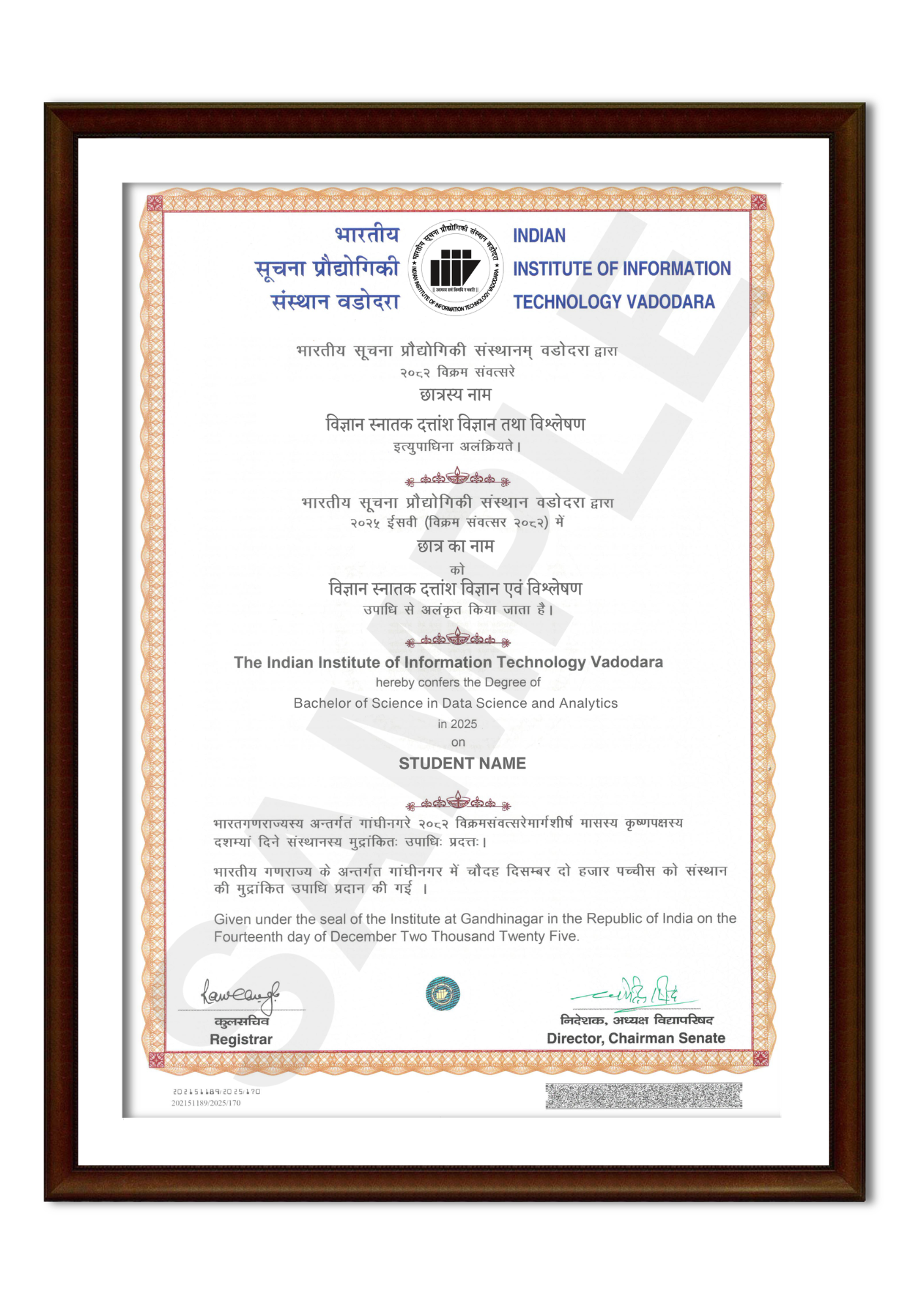 Sample Certificate for B.Sc. in Data Science and Analytics